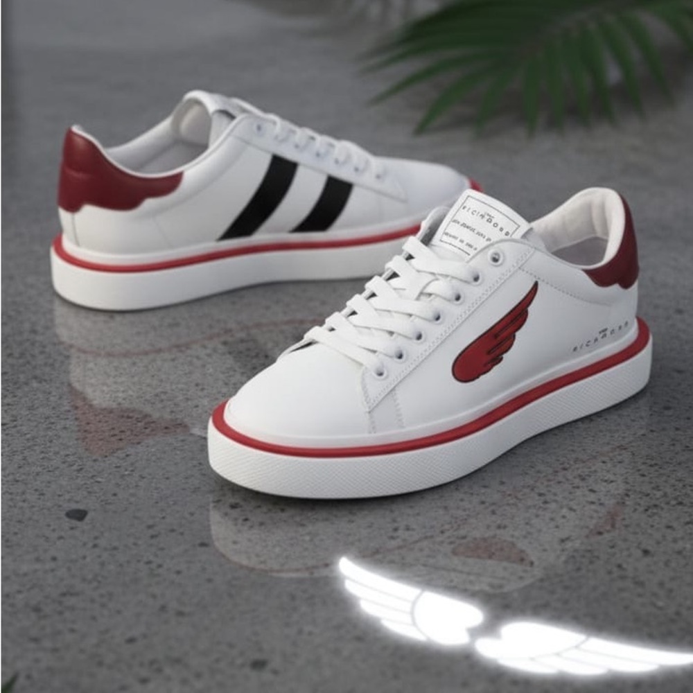 John Richmond White Low-Top Sneakers - Red & Black Accents - 8 us wide